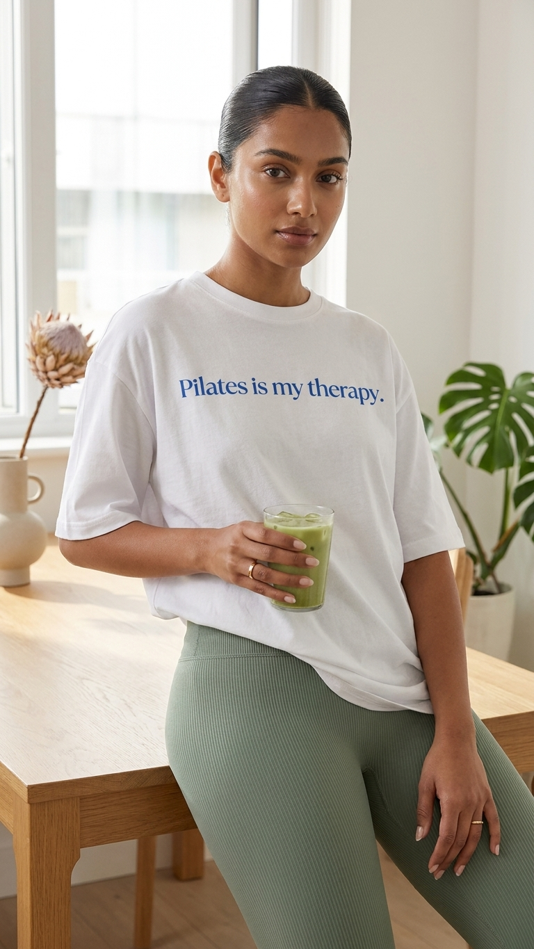 Woman wearing a 'Pilates is my therapy' t-shirt holding a green smoothie.